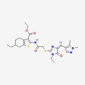 molecular formula C26H33N5O4S2 B4701489 ETHYL 2-{[2-({4-[(E)-1-(1,5-DIMETHYL-1H-PYRAZOL-4-YL)METHYLIDENE]-1-ETHYL-5-OXO-4,5-DIHYDRO-1H-IMIDAZOL-2-YL}SULFANYL)ACETYL]AMINO}-6-ETHYL-4,5,6,7-TETRAHYDRO-1-BENZOTHIOPHENE-3-CARBOXYLATE 