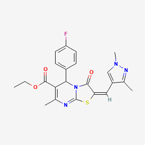 molecular formula C22H21FN4O3S B4701925 ETHYL 2-[(E)-1-(1,3-DIMETHYL-1H-PYRAZOL-4-YL)METHYLIDENE]-5-(4-FLUOROPHENYL)-7-METHYL-3-OXO-2,3-DIHYDRO-5H-[1,3]THIAZOLO[3,2-A]PYRIMIDINE-6-CARBOXYLATE 
