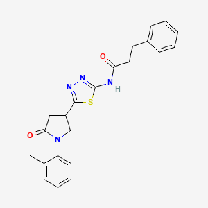 molecular formula C22H22N4O2S B4702115 N-{5-[1-(2-methylphenyl)-5-oxopyrrolidin-3-yl]-1,3,4-thiadiazol-2-yl}-3-phenylpropanamide 