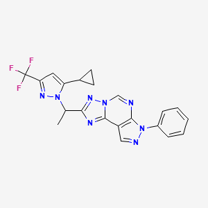 molecular formula C21H17F3N8 B4704136 2-{1-[5-cyclopropyl-3-(trifluoromethyl)-1H-pyrazol-1-yl]ethyl}-7-phenyl-7H-pyrazolo[4,3-e][1,2,4]triazolo[1,5-c]pyrimidine 
