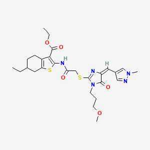 molecular formula C27H35N5O5S2 B4705085 ETHYL 6-ETHYL-2-{[2-({1-(3-METHOXYPROPYL)-4-[(E)-1-(1-METHYL-1H-PYRAZOL-4-YL)METHYLIDENE]-5-OXO-4,5-DIHYDRO-1H-IMIDAZOL-2-YL}SULFANYL)ACETYL]AMINO}-4,5,6,7-TETRAHYDRO-1-BENZOTHIOPHENE-3-CARBOXYLATE 