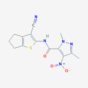 molecular formula C14H13N5O3S B4705930 N-(3-cyano-5,6-dihydro-4H-cyclopenta[b]thiophen-2-yl)-1,3-dimethyl-4-nitro-1H-pyrazole-5-carboxamide 