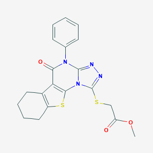 molecular formula C20H18N4O3S2 B471494 Methyl [(5-oxo-4-phenyl-4,5,6,7,8,9-hexahydro[1]benzothieno[3,2-e][1,2,4]triazolo[4,3-a]pyrimidin-1-yl)sulfanyl]acetate CAS No. 353762-95-5