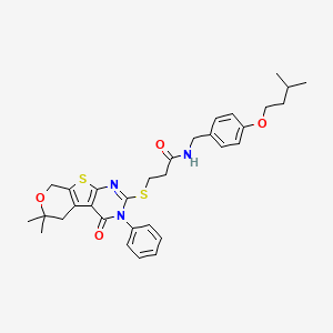 molecular formula C32H37N3O4S2 B4715532 3-[(12,12-dimethyl-3-oxo-4-phenyl-11-oxa-8-thia-4,6-diazatricyclo[7.4.0.02,7]trideca-1(9),2(7),5-trien-5-yl)sulfanyl]-N-[[4-(3-methylbutoxy)phenyl]methyl]propanamide 