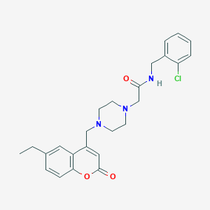 molecular formula C25H28ClN3O3 B4715927 N-[(2-CHLOROPHENYL)METHYL]-2-{4-[(6-ETHYL-2-OXO-2H-CHROMEN-4-YL)METHYL]PIPERAZIN-1-YL}ACETAMIDE 