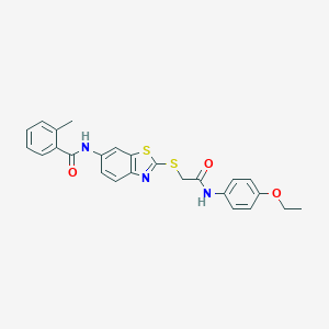 molecular formula C25H23N3O3S2 B471746 N-(2-{[2-(4-ethoxyanilino)-2-oxoethyl]sulfanyl}-1,3-benzothiazol-6-yl)-2-methylbenzamide CAS No. 426243-10-9