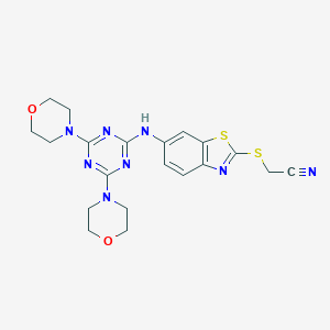 molecular formula C20H22N8O2S2 B471755 2-[[6-[(4,6-Dimorpholin-4-yl-1,3,5-triazin-2-yl)amino]-1,3-benzothiazol-2-yl]sulfanyl]acetonitrile CAS No. 333741-75-6