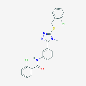 molecular formula C23H18Cl2N4OS B471787 2-chloro-N-(3-{5-[(2-chlorobenzyl)sulfanyl]-4-methyl-4H-1,2,4-triazol-3-yl}phenyl)benzamide CAS No. 445422-44-6