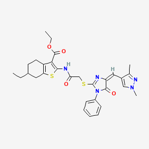 molecular formula C30H33N5O4S2 B4722252 ETHYL 2-{[2-({4-[(E)-1-(1,3-DIMETHYL-1H-PYRAZOL-4-YL)METHYLIDENE]-5-OXO-1-PHENYL-4,5-DIHYDRO-1H-IMIDAZOL-2-YL}SULFANYL)ACETYL]AMINO}-6-ETHYL-4,5,6,7-TETRAHYDRO-1-BENZOTHIOPHENE-3-CARBOXYLATE 