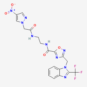 molecular formula C19H16F3N9O5 B4726367 2-(4-NITRO-1H-PYRAZOL-1-YL)-N-{2-[(3-{[2-(TRIFLUOROMETHYL)-1H-1,3-BENZODIAZOL-1-YL]METHYL}-1,2,4-OXADIAZOL-5-YL)FORMAMIDO]ETHYL}ACETAMIDE 