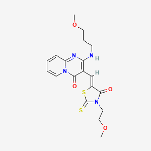 molecular formula C19H22N4O4S2 B4728845 3-{(Z)-[3-(2-methoxyethyl)-4-oxo-2-thioxo-1,3-thiazolidin-5-ylidene]methyl}-2-[(3-methoxypropyl)amino]-4H-pyrido[1,2-a]pyrimidin-4-one 