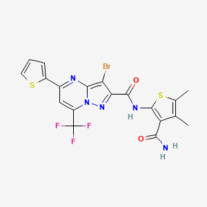molecular formula C19H13BrF3N5O2S2 B4730224 N~2~-[3-(AMINOCARBONYL)-4,5-DIMETHYL-2-THIENYL]-3-BROMO-5-(2-THIENYL)-7-(TRIFLUOROMETHYL)PYRAZOLO[1,5-A]PYRIMIDINE-2-CARBOXAMIDE 