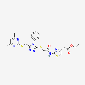 molecular formula C24H25N7O3S3 B4730636 ethyl 2-(2-(2-((5-(((4,6-dimethylpyrimidin-2-yl)thio)methyl)-4-phenyl-4H-1,2,4-triazol-3-yl)thio)acetamido)thiazol-4-yl)acetate 