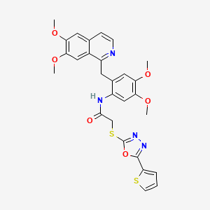 molecular formula C28H26N4O6S2 B4732376 N-{2-[(6,7-dimethoxyisoquinolin-1-yl)methyl]-4,5-dimethoxyphenyl}-2-{[5-(thiophen-2-yl)-1,3,4-oxadiazol-2-yl]sulfanyl}acetamide 
