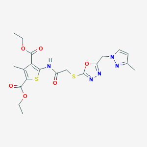 molecular formula C20H23N5O6S2 B4734689 DIETHYL 3-METHYL-5-{[2-({5-[(3-METHYL-1H-PYRAZOL-1-YL)METHYL]-1,3,4-OXADIAZOL-2-YL}SULFANYL)ACETYL]AMINO}-2,4-THIOPHENEDICARBOXYLATE 