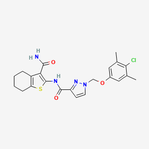 molecular formula C22H23ClN4O3S B4735025 N-[3-(AMINOCARBONYL)-4,5,6,7-TETRAHYDRO-1-BENZOTHIOPHEN-2-YL]-1-[(4-CHLORO-3,5-DIMETHYLPHENOXY)METHYL]-1H-PYRAZOLE-3-CARBOXAMIDE 