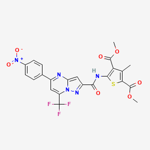molecular formula C23H16F3N5O7S B4736694 Dimethyl 3-methyl-5-({[5-(4-nitrophenyl)-7-(trifluoromethyl)pyrazolo[1,5-a]pyrimidin-2-yl]carbonyl}amino)thiophene-2,4-dicarboxylate 