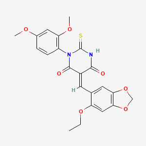 molecular formula C22H20N2O7S B4737993 (5E)-1-(2,4-dimethoxyphenyl)-5-[(6-ethoxy-1,3-benzodioxol-5-yl)methylidene]-2-thioxodihydropyrimidine-4,6(1H,5H)-dione 