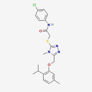 molecular formula C22H25ClN4O2S B4739439 N-(4-chlorophenyl)-2-[(4-methyl-5-{[5-methyl-2-(propan-2-yl)phenoxy]methyl}-4H-1,2,4-triazol-3-yl)sulfanyl]acetamide 