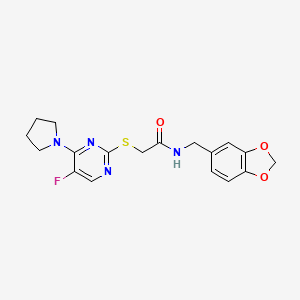 molecular formula C18H19FN4O3S B4740914 N-(1,3-benzodioxol-5-ylmethyl)-2-{[5-fluoro-4-(1-pyrrolidinyl)-2-pyrimidinyl]thio}acetamide 