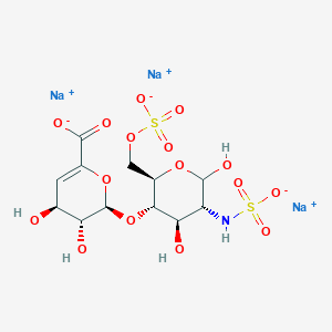 molecular formula C12H16NNa3O16S2 B047453 trisodium;(2R,3R,4S)-2-[(2R,3S,4R,5R)-4,6-dihydroxy-5-(sulfonatoamino)-2-(sulfonatooxymethyl)oxan-3-yl]oxy-3,4-dihydroxy-3,4-dihydro-2H-pyran-6-carboxylate CAS No. 136098-05-0