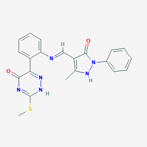 molecular formula C21H18N6O2S B474535 6-[2-[(5-methyl-3-oxo-2-phenyl-1H-pyrazol-4-yl)methylideneamino]phenyl]-3-methylsulfanyl-2H-1,2,4-triazin-5-one 