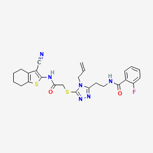 molecular formula C25H25FN6O2S2 B4748643 N-{2-[5-({2-[(3-cyano-4,5,6,7-tetrahydro-1-benzothiophen-2-yl)amino]-2-oxoethyl}sulfanyl)-4-(prop-2-en-1-yl)-4H-1,2,4-triazol-3-yl]ethyl}-2-fluorobenzamide 