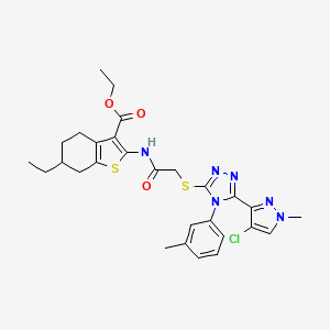 molecular formula C28H31ClN6O3S2 B4748787 ethyl 2-[({[5-(4-chloro-1-methyl-1H-pyrazol-3-yl)-4-(3-methylphenyl)-4H-1,2,4-triazol-3-yl]thio}acetyl)amino]-6-ethyl-4,5,6,7-tetrahydro-1-benzothiophene-3-carboxylate 