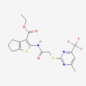 molecular formula C18H18F3N3O3S2 B4752128 ETHYL 2-(2-{[4-METHYL-6-(TRIFLUOROMETHYL)PYRIMIDIN-2-YL]SULFANYL}ACETAMIDO)-4H,5H,6H-CYCLOPENTA[B]THIOPHENE-3-CARBOXYLATE 