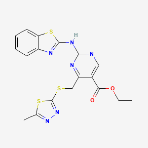 molecular formula C18H16N6O2S3 B4757104 Ethyl 2-(1,3-benzothiazol-2-ylamino)-4-{[(5-methyl-1,3,4-thiadiazol-2-yl)sulfanyl]methyl}pyrimidine-5-carboxylate 