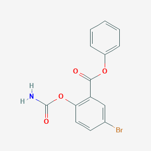 molecular formula C14H10BrNO4 B047577 Benzoic acid, 2-((aminocarbonyl)oxy)-5-bromo-, phenyl ester CAS No. 122277-23-0