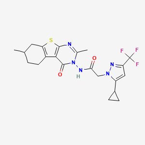 molecular formula C21H22F3N5O2S B4760033 2-[5-CYCLOPROPYL-3-(TRIFLUOROMETHYL)-1H-PYRAZOL-1-YL]-N-[2,7-DIMETHYL-4-OXO-5,6,7,8-TETRAHYDRO[1]BENZOTHIENO[2,3-D]PYRIMIDIN-3(4H)-YL]ACETAMIDE 