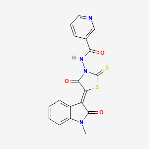 molecular formula C18H12N4O3S2 B4761497 N-[5-(1-Methyl-2-oxo-1,2-dihydro-indol-3-ylidene)-4-oxo-2-thioxo-thiazolidin-3-yl]-nicotinamide 