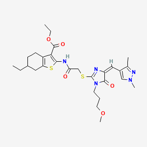 molecular formula C28H37N5O5S2 B4761835 ETHYL 2-[(2-{[4-[(E)-1-(1,3-DIMETHYL-1H-PYRAZOL-4-YL)METHYLIDENE]-1-(3-METHOXYPROPYL)-5-OXO-4,5-DIHYDRO-1H-IMIDAZOL-2-YL]SULFANYL}ACETYL)AMINO]-6-ETHYL-4,5,6,7-TETRAHYDRO-1-BENZOTHIOPHENE-3-CARBOXYLAT 