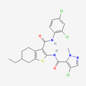molecular formula C22H21Cl3N4O2S B4764339 4-chloro-N-{3-[(2,4-dichlorophenyl)carbamoyl]-6-ethyl-4,5,6,7-tetrahydro-1-benzothiophen-2-yl}-1-methyl-1H-pyrazole-5-carboxamide 