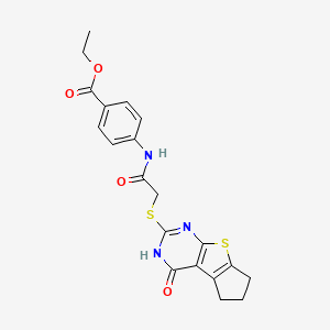 molecular formula C20H19N3O4S2 B4765105 Ethyl 4-[2-(4-oxo-3,5,6,7-tetrahydrocyclopenta[1,2-d]pyrimidino[4,5-b]thiophen-2-ylthio)acetylamino]benzoate 