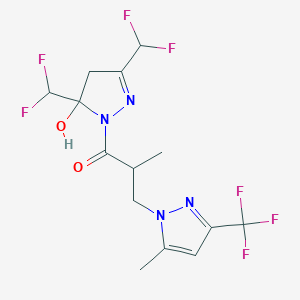 molecular formula C14H15F7N4O2 B4765115 1-[3,5-BIS(DIFLUOROMETHYL)-5-HYDROXY-4,5-DIHYDRO-1H-PYRAZOL-1-YL]-2-METHYL-3-[5-METHYL-3-(TRIFLUOROMETHYL)-1H-PYRAZOL-1-YL]-1-PROPANONE 