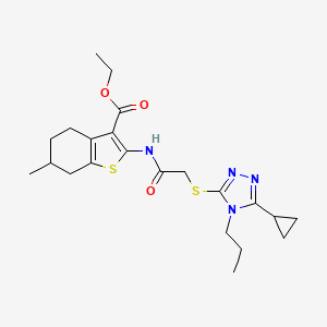 molecular formula C22H30N4O3S2 B4766097 ethyl 2-({[(5-cyclopropyl-4-propyl-4H-1,2,4-triazol-3-yl)sulfanyl]acetyl}amino)-6-methyl-4,5,6,7-tetrahydro-1-benzothiophene-3-carboxylate 
