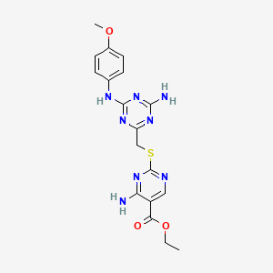 molecular formula C18H20N8O3S B4766791 Ethyl 4-amino-2-[({4-amino-6-[(4-methoxyphenyl)amino]-1,3,5-triazin-2-yl}methyl)thio]pyrimidine-5-carboxylate 