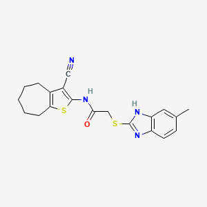 molecular formula C20H20N4OS2 B4771866 N-{3-CYANO-4H5H6H7H8H-CYCLOHEPTA[B]THIOPHEN-2-YL}-2-[(5-METHYL-1H-13-BENZODIAZOL-2-YL)SULFANYL]ACETAMIDE 