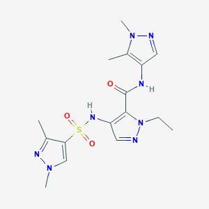 molecular formula C16H22N8O3S B4772138 N~5~-(1,5-DIMETHYL-1H-PYRAZOL-4-YL)-4-{[(1,3-DIMETHYL-1H-PYRAZOL-4-YL)SULFONYL]AMINO}-1-ETHYL-1H-PYRAZOLE-5-CARBOXAMIDE 
