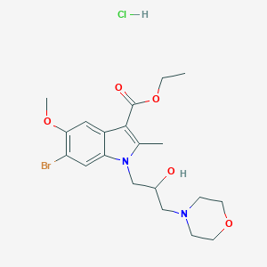 molecular formula C20H28BrClN2O5 B047736 1H-Indole-3-carboxylic acid, 6-bromo-1-(2-hydroxy-3-(4-morpholinyl)propyl)-5-methoxy-2-methyl-, ethyl ester, monohydrochloride CAS No. 120342-38-3