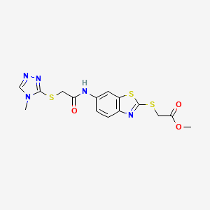 molecular formula C15H15N5O3S3 B4773674 methyl {[6-({[(4-methyl-4H-1,2,4-triazol-3-yl)thio]acetyl}amino)-1,3-benzothiazol-2-yl]thio}acetate 