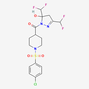 molecular formula C17H18ClF4N3O4S B4773926 [3,5-BIS(DIFLUOROMETHYL)-5-HYDROXY-4,5-DIHYDRO-1H-PYRAZOL-1-YL]{1-[(4-CHLOROPHENYL)SULFONYL]-4-PIPERIDYL}METHANONE 