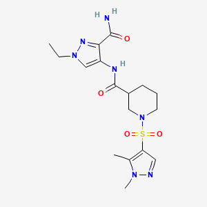 molecular formula C17H25N7O4S B4775079 N~3~-[3-(AMINOCARBONYL)-1-ETHYL-1H-PYRAZOL-4-YL]-1-[(1,5-DIMETHYL-1H-PYRAZOL-4-YL)SULFONYL]-3-PIPERIDINECARBOXAMIDE 