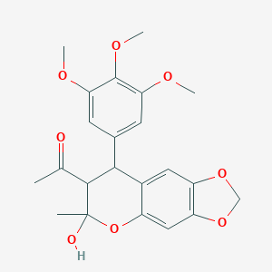 molecular formula C22H24O8 B047753 1-[6-Hydroxy-6-methyl-8-(3,4,5-trimethoxyphenyl)-7,8-dihydro-[1,3]dioxolo[4,5-g]chromen-7-yl]ethanone CAS No. 117211-85-5