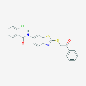 molecular formula C22H15ClN2O2S2 B477572 2-chloro-N-{2-[(2-oxo-2-phenylethyl)sulfanyl]-1,3-benzothiazol-6-yl}benzamide CAS No. 358634-50-1