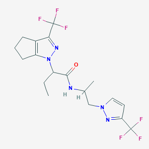 molecular formula C18H21F6N5O B4778645 N~1~-{1-METHYL-2-[3-(TRIFLUOROMETHYL)-1H-PYRAZOL-1-YL]ETHYL}-2-[3-(TRIFLUOROMETHYL)-5,6-DIHYDROCYCLOPENTA[C]PYRAZOL-1(4H)-YL]BUTANAMIDE 