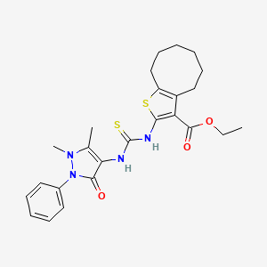 molecular formula C25H30N4O3S2 B4782514 ethyl 2-({[(1,5-dimethyl-3-oxo-2-phenyl-2,3-dihydro-1H-pyrazol-4-yl)amino]carbonothioyl}amino)-4,5,6,7,8,9-hexahydrocycloocta[b]thiophene-3-carboxylate 