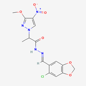 molecular formula C15H14ClN5O6 B4782705 N'-[(E)-(6-chloro-1,3-benzodioxol-5-yl)methylidene]-2-(3-methoxy-4-nitro-1H-pyrazol-1-yl)propanehydrazide 